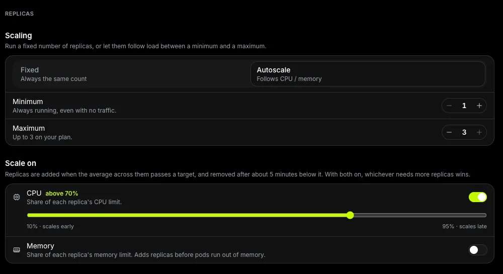 The Scale tab with Autoscale selected, a minimum and maximum, and a CPU target