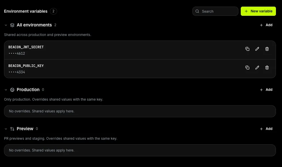 The Environment variables tab with shared, Production and Preview groups