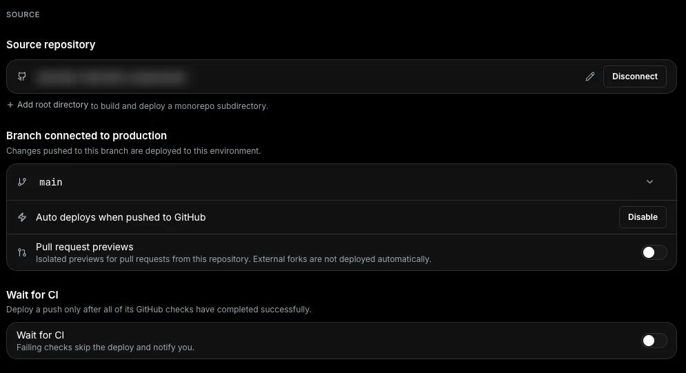Source settings in Unbroker Cloud: repository, production branch, automatic deployments and pull-request previews